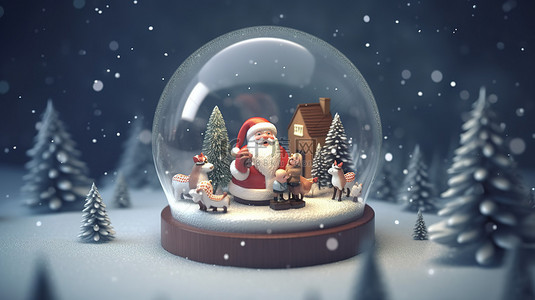 与圣诞老人和朋友在 3D 雪花玻璃球内欢聚的节日