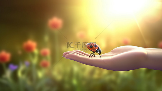 卡通的瓢虫背景图片_春天手卡通上瓢虫的 3D 插图，有足够的复制空间
