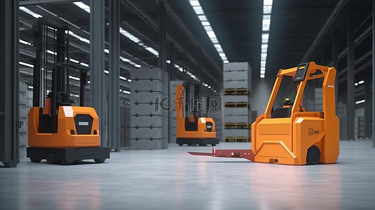 叉车和仓库机器人协同工作的工厂自动化 3D 渲染