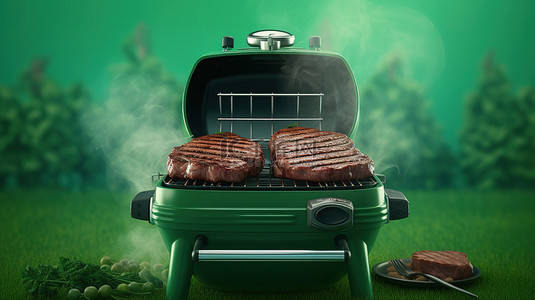 绿色烤架上的铁板牛排，带有烟熏味 3D 插图