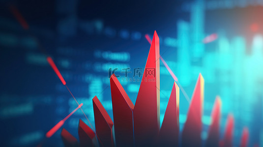 股票价格图上带有向上指向的红色箭头的蓝色背景的 3D 渲染