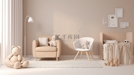 温馨时尚的斯堪的纳维亚风格儿童房配有婴儿床扶手椅玩具和浅色 3D 渲染