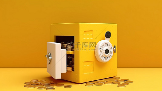 安全现金箱，硬币位于充满活力的黄色背景银行保护概念外面，具有充足的复制空间 3D 渲染插图