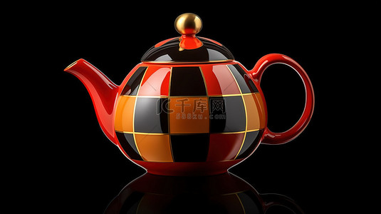 橙色色调的孤立黑色和红色茶时间茶壶的 3D 渲染图像