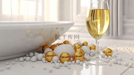 豪华浴缸配有金色脚口音酒瓶和白球 3D 渲染插图