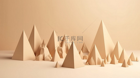 米色背景 3d 纸金字塔雕塑