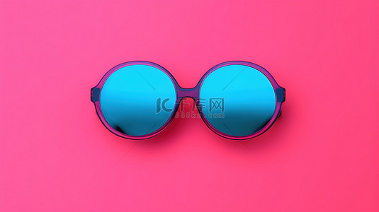 简约工作室拍摄的浮雕 3D 眼镜放置在粉红色背景上，带有从顶视图拍摄的蓝色圆圈