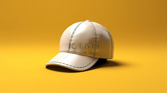 阳光明媚的黄色背景上带有时尚白色棒球帽的白色皮革足球的 3D 渲染