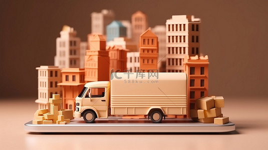 方便的移动应用程序交付通过卡车或踏板车运输货物 3D 插图