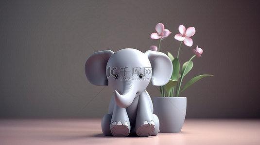 3D 渲染中迷人的大象和可爱的植物容器