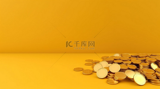 黄色背景的 3D 插图，带有美元符号和闪闪发光的硬币