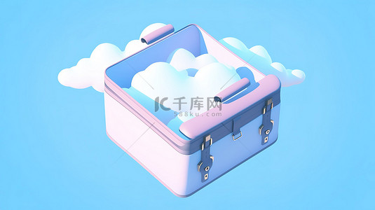 公文包打开背景图片_最小的卡通风格 3d 渲染一个打开的公文包，天蓝色背景上有浮云，描绘投资金融和商业空气空概念