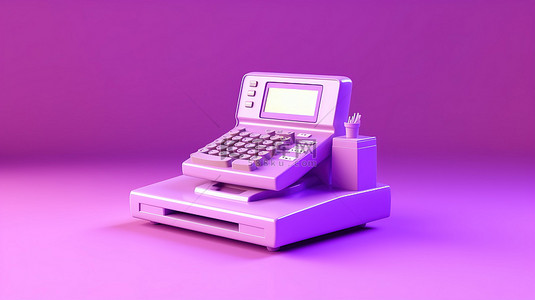 站在收银台上背景图片_紫色背景与 3D 渲染收银机用于商业和商业