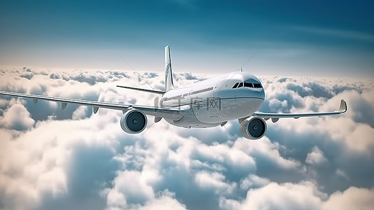 一架商用飞机在厚厚的云层中翱翔的 3D 插图