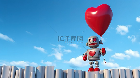 机器人带着红色气球翱翔天空，这是 3D 渲染中友好的技术概念