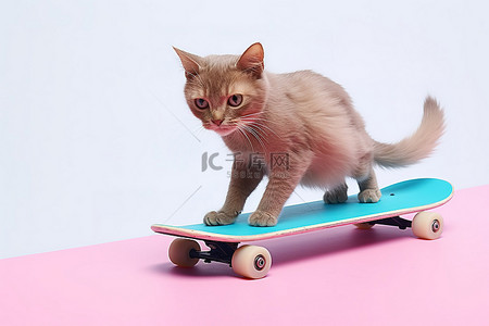 粉色滑板与小猫骑行
