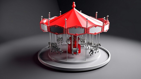 3D 渲染中的单色红色等距游乐场对象儿童旋转木马