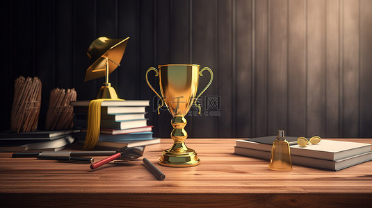 成就已解锁 3d 渲染的毕业帽放在闪闪发光的金色奖杯上，精美地陈列在木桌上，旁边还有书和铅笔