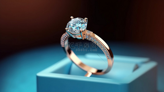 3D 渲染的蓝色盒子，里面装有令人惊叹的钻石订婚戒指