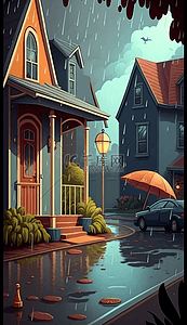 房子路灯雨滴乌云天空下雨的街道城市卡通背景