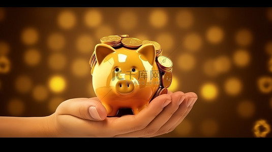 一只手拿着金币背景图片_储蓄贷款 3D 插图，一只手拿着一个存钱罐，硬币在周围旋转