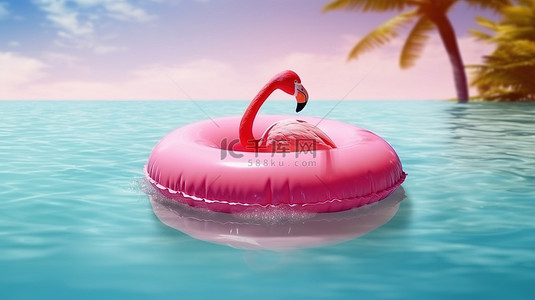 粉红色水池的 3D 插图，带有充气火烈鸟浮子，非常适合夏季复制空间