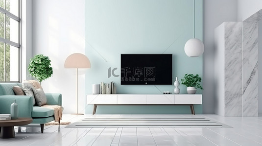 电视样机背景图片_现代客厅概念，带有以 3D 渲染的薄荷白色风格智能电视样机