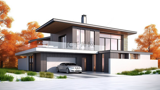 白色背景中的当代住宅是大家庭的理想宽敞避风港 3D 绘图