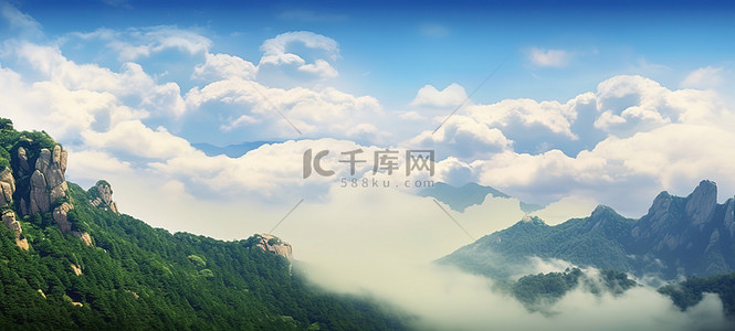 云朵和背景图片_云朵坐落在一座山和一座森林的上方