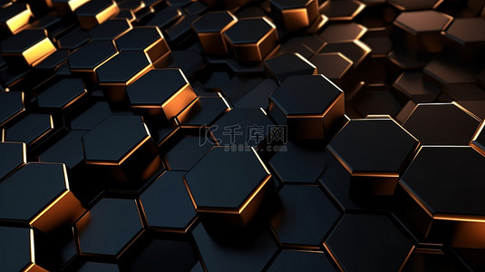 未来六角形黑色背景抽象数字设计与 3D 渲染