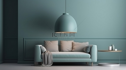 简约的室内场景与现代沙发和吊灯 3d 渲染插图与框架模型