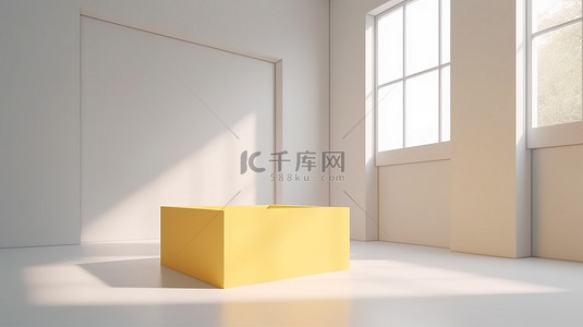 窗户台背景图片_演示完美的白色房间，带有浅黄色方形讲台和 3D 渲染中的窗户阴影