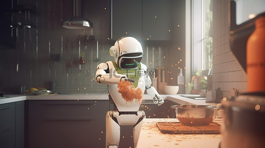 机器人厨师在行动 3D 渲染厨房烹饪