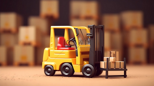 用于送货服务的叉车搬运箱包的 3D 渲染插图