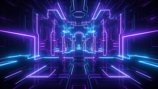 紫色科幻插图背景图片_带有紫色和蓝色霓虹灯的几何背景，3D 渲染非常适合科幻插图