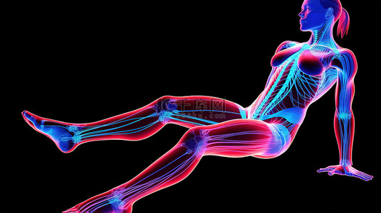 执行躺下举腿动作的女性人物 3D 渲染中突出显示的肌肉群