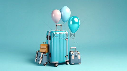 旅行装备必需品手提箱，配有飞机气球太阳镜帽子和相机，蓝色背景 3d 渲染