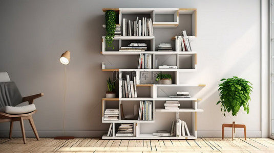 别致的白墙增强了办公室家庭办公环境中 3D 渲染书柜的吸引力
