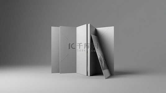 三折叠小册子样机在 3D 灰色背景上揭幕