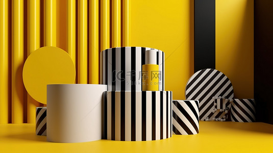 黄色孟菲斯风格背景，带有黑色和白色空圆柱领奖台的 3d 渲染