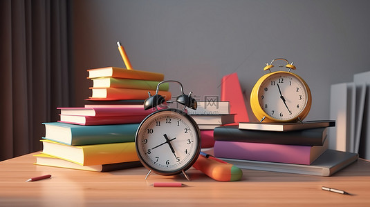 简约的 3d 渲染一叠书和顶部的闹钟，象征着学校时间管理