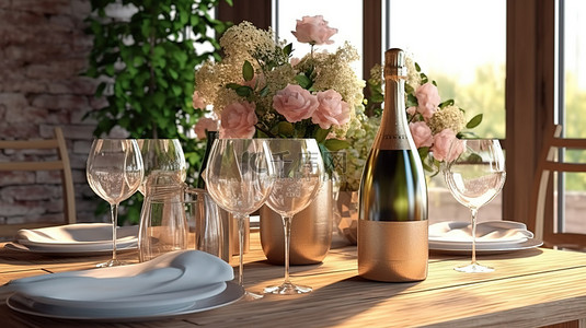 爱情花背景图片_装饰精美的桌子，配有香槟酒杯和 3D 渲染花卉布置