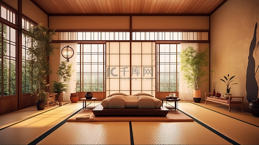 具有原创室内设计的日本风格房间的创新 3D 渲染