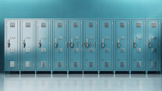 学生安全教育背景图片_蓝色墙壁背景与 3D 渲染灰色金属储物柜