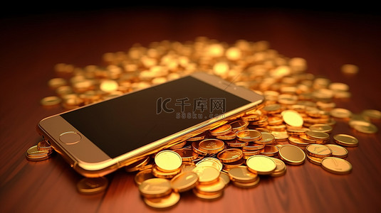 3D 渲染一个赚钱的在线商业概念，金币从智能手机显示屏上溢出