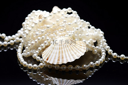 带贝壳的珍珠背景图片_一条带有白色珍珠的项链位于贝壳中