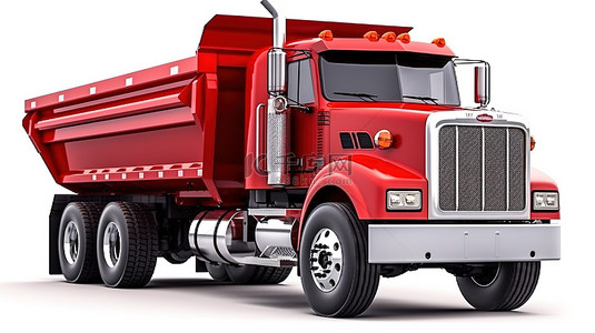 公路运输背景图片_白色背景的 3D 插图，配有大型红色美国卡车和拖车自卸卡车，用于运输散装货物