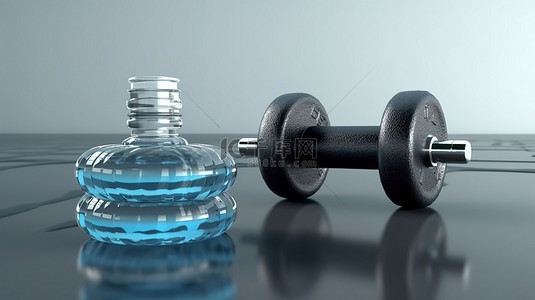 水瓶和哑铃组合的 3d 渲染