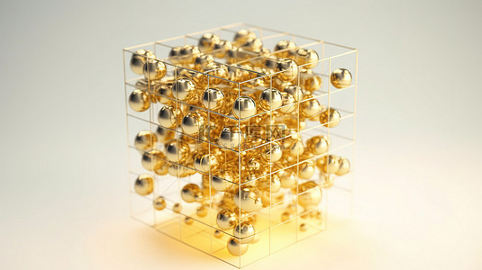 数据网格背景背景图片_可视化数字数据白色背景上金色线框原子网格立方体的 3D 渲染
