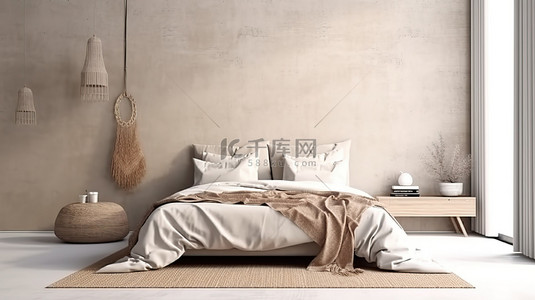 卧室展示背景图片_毯子覆盖的白墙卧室模型以 3D 渲染展示